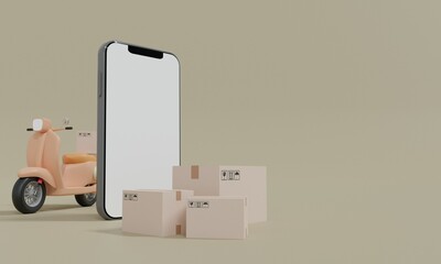 Smartphone with blank display with Parcel boxes and receipt blank paper floated in the air.Concept for fast delivery service.delivery and shopping online concept.3D rendering illustration