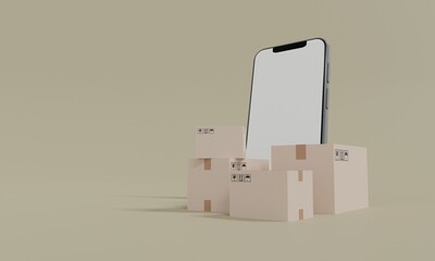 Smartphone with blank display with Parcel boxes and receipt blank paper floated in the air.Concept for fast delivery service.delivery and shopping online concept.3D rendering illustration