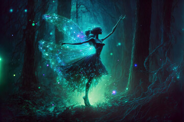 Fairy with transparent rainbow wings in an enchanted magical forest. © Katynn