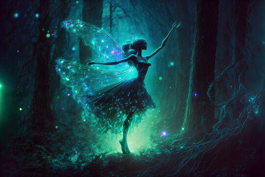 Fairy with transparent rainbow wings in an enchanted magical forest.