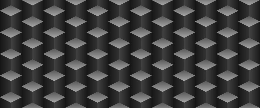 Vector black steps seamless pattern. Gray square repeat background. Dark qube effect horizontal banner. Geometric graphite blocks texture. Simple flooring tile design in isometry