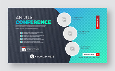 Business webinar invitation design. Webinar and business conference social media post template. Online webinar social media post template. Business conference banner template. Online live webinar.