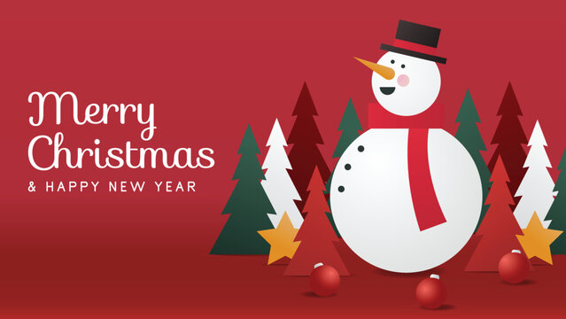 Christmas card background with a snowman and Christmas tree. Using red background. Suitable to use on Christmas event.