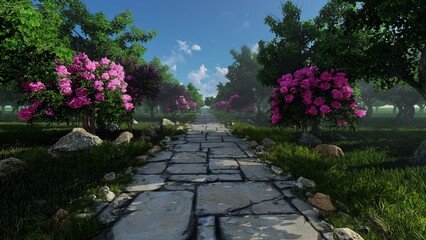 Park with stone path and flowering plants