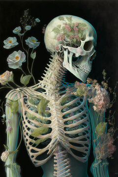 skeleton with a skull and bones, flowers inside and out of skeleton