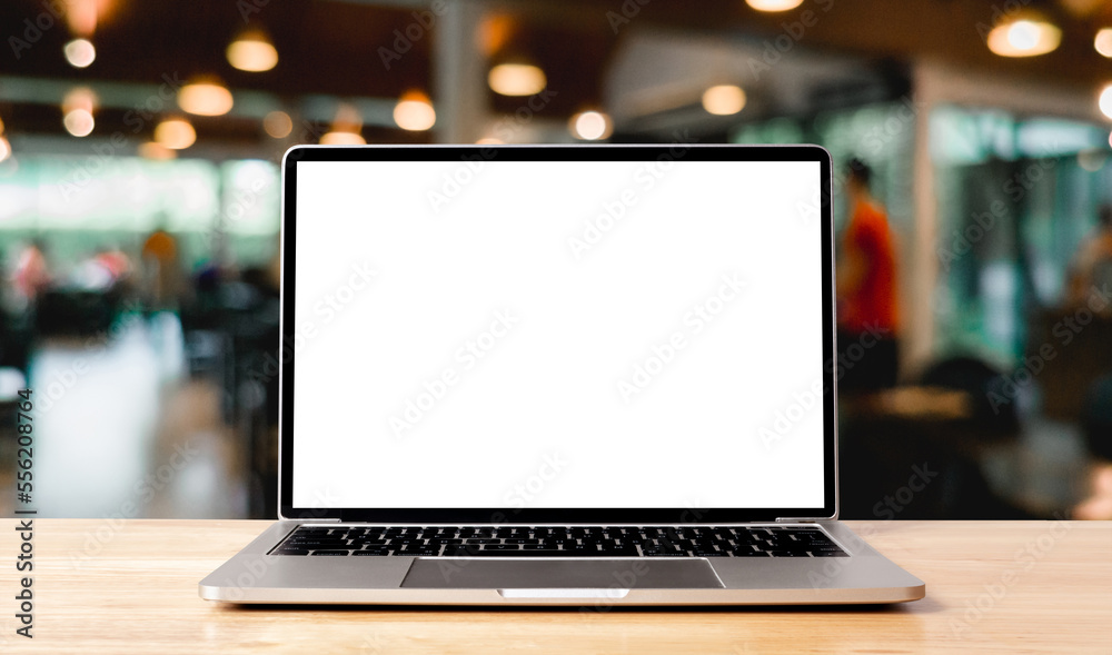 Fototapete laptop blank screen on wood table with coffee cafe background, mockup, template for your text, clipp