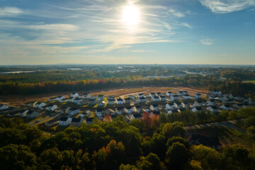 View from above of densely built residential houses in living area in South Carolina. American dream homes as example of real estate development in US suburbs