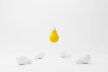 Hanging light bulb yellow outstanding among lightbulb group. Concept of creative idea and innovation, Unique, Think different, Individual and standing out from the crowd. 3d render illustration
