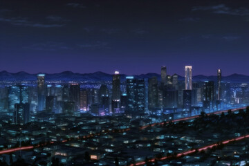 Fototapeta na wymiar Los Angeles Skyline, Anime Background Art, Scenery, Illustration, Generative AI