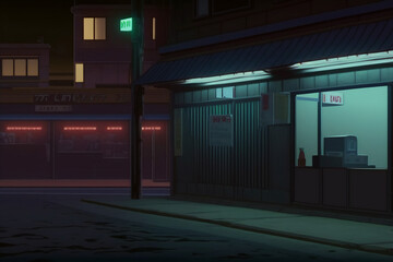 Fototapeta na wymiar Liminal Street, Night, Anime Background Art, Scenery, Illustration, Generative AI
