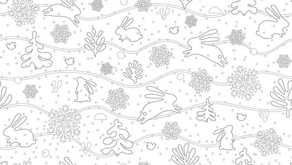 Seamless vector pattern with bunny, bird, trees and snowflakes on a white background. New Year's Outline drawing with jumping hares and falling snow. Snowfall and rabbit in the forest for a Christmas 