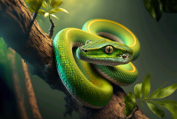 Green tree python coiling on a tree branch created by Generative AI technology