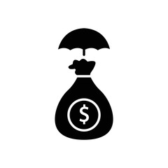 Money bag icon illustration with umbrella. Insurance symbol. glyph icon style. suitable for apps, websites, mobile apps. icon related to finance. Simple vector design editable