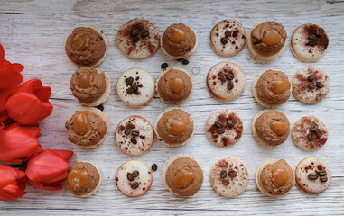 open macaroons with salted caramel and coffee crème