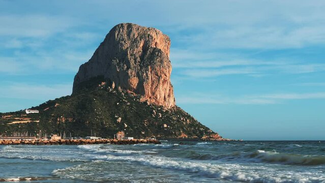 Calpe and Penon de Ifach, time lapse. Seashore of Mediterranean Sea with waves