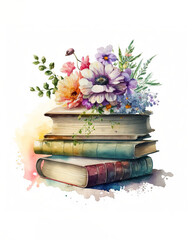 stack of books and flowers, watercolor illustration on white background, AI assisted finalized in Photoshop by me 