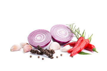 Composition of various herbs and spices vegetables rosemary pepper onion, garlic, fresh red chili,...