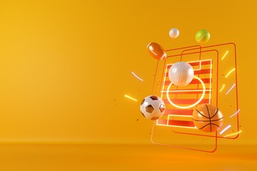 3d sport rendering. background for a sports game. 3d illustration. realistic abstract backdrop. ball object. copy space. tennis soccer basketball golf rugby volleyball elements. neon concept design.