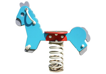 isolated blue horses spring seesaw of a playground. A wooden horse with a metal spring to seesaw...
