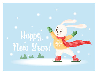 Happy New Year greeting card with rabbit skating in a sweater and scarf, with snowflakes on the background