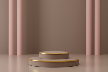 Circle podium with gold ornament and pillar. Scene for product display background