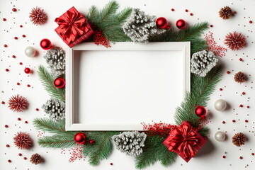 Fototapeta na wymiar Christmas frame made of fir branches, red berries. Christmas wallpaper. Flat lay, top view