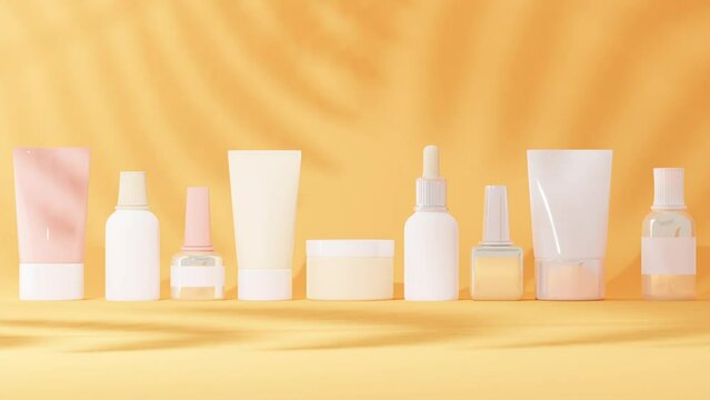 Cosmetics, skin and face care beauty products in vibrant background. 3d rendering of bottles and jars on a studio backdrop with tropical shadows