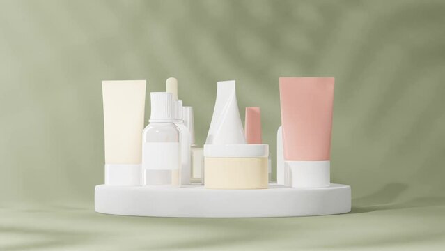 Cosmetics, skin and face care beauty products on a rotating podium. 3d rendering of bottles and jars on a stand in green tropical background