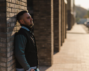 Caucasian bearded man in a bomber jacket leaned against a brick wall. 