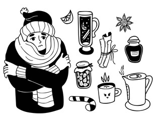 Winter collection doodles. sad man wrapped in scarf freezes and trembles. Nearby is hot wine, kettle of boiling water, cup, cinnamon sticks and jam, slice of lemon. Vector isolated outline drawns.