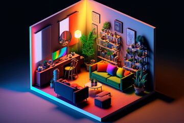 3d isometric living room , Isometric living room with sofa, table cupboard