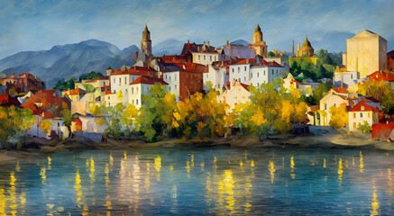 Town between mountains and river