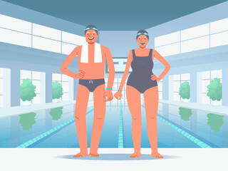 Seniors against the backdrop of the pool. Happy elderly swimmer couple in full length. Active recreation in old age