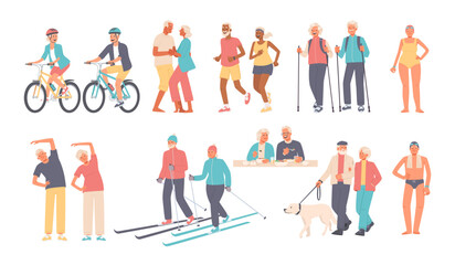 Set of elderly people engaged in outdoor activities. Seniors ride bicycles, dance, run, hike, walk, eat, skiing. Vector illustration - obrazy, fototapety, plakaty
