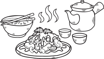 Hand Drawn Set meal with tea Chinese and Japanese food illustration