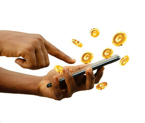 Hand holding smartphone surrounded by 3d illustrated golden Ghanaian cedi coins isolated on...