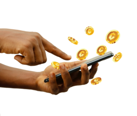 Hand holding smartphone surrounded by 3d illustrated golden Ghanaian cedi coins isolated on transparent background. Online banking concept