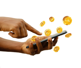 Hand holding smartphone surrounded by 3d illustrated golden Egyptian pound coins isolated on transparent background. Online banking concept