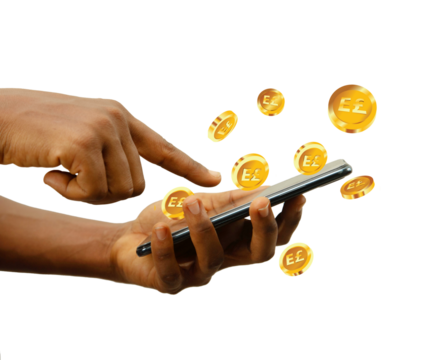 Hand holding smartphone surrounded by 3d illustrated golden Egyptian pound coins isolated on transparent background. Online banking concept