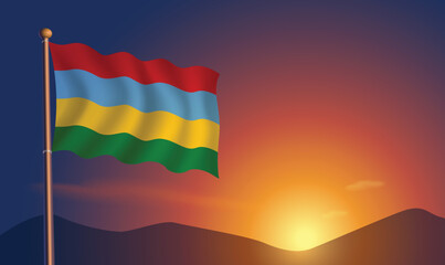 Mauritius flag sunset background  Vector Illustration