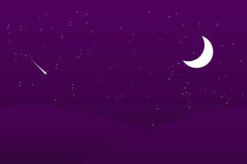 Fototapeta na wymiar Night sky background with half moon, clouds and stars. Moonlight night. Vector illustration.