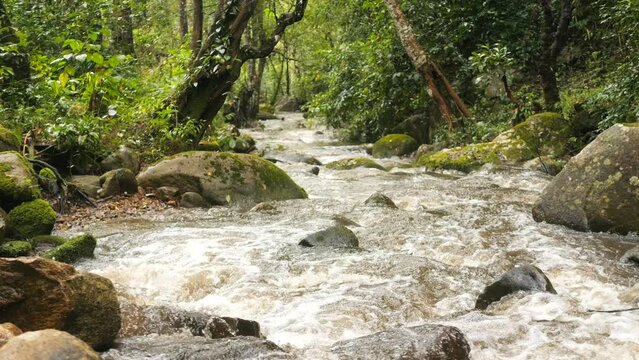 Wonderful Mountain River Waterfall Stream High Quality 4K Natural Slowmotion Footage Background. Northern Thailand.