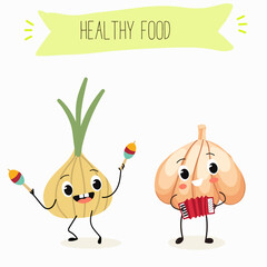 Illustration with funny onion and garlic characters. Funny and healthy food. Vitamins, Food with a cute face, ingredients, antioxidant, vegetarianism, Vector cartoon.