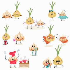 Illustration with funny onion and garlic set, collection of characters. Funny and healthy food. Vitamins, Food with a cute face, ingredients, antioxidant, vegetarianism, Vector cartoon.
