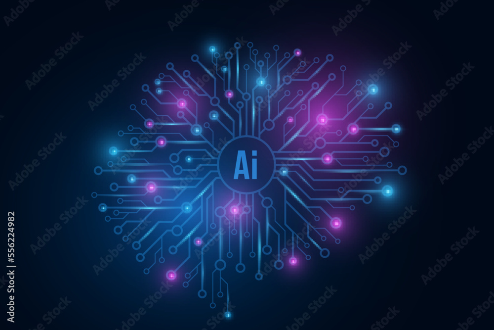 Poster artificial cyber brain for neural networks design. glowing gpu circuit board. vector illustration
