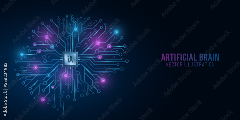 Poster glowing cyber brain with cpu for neural networks design. artificial intelligence. glowing gpu circui