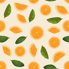 Seamless pattern with orange slices and leaves on a light background, digital drawing.