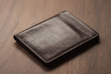 Bespoke brown all leather wallet on walnut table