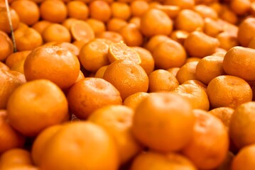 Tangerine background. Fresh mandarin on farmers market.