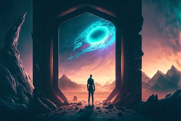 Fototapeta premium Portal in andere Zeit und Welt, Mann steht am Tor AI generativ